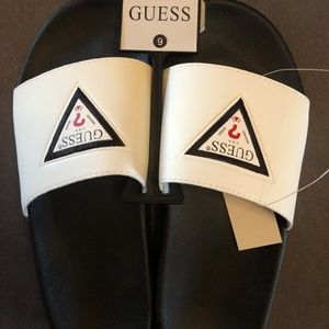 GUESS ISAAC LOGO SLIDES MENS SZ 9 WHITE/BLACK SHOE